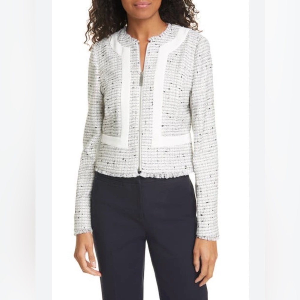 Woven Tweed Zip-Front Jacket in Light Gray and White